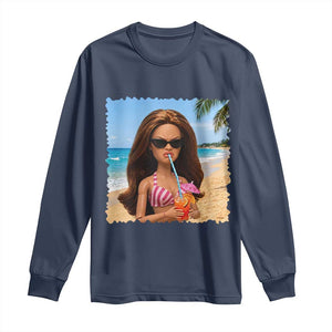 Funny Summer Doll Face Meme Long Sleeve Shirt Tropical Beach Party Graphic TS12 Navy Print Your Wear
