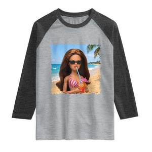 Funny Summer Doll Face Meme Raglan Shirt Tropical Beach Party Graphic TS12 Heather Gray Heather Charcoal Print Your Wear