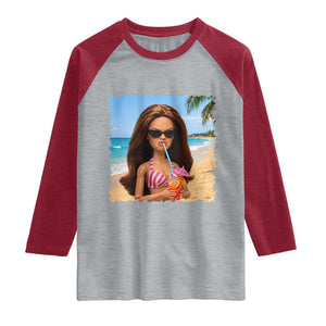 Funny Summer Doll Face Meme Raglan Shirt Tropical Beach Party Graphic TS12 Heather Gray Heather Red Print Your Wear