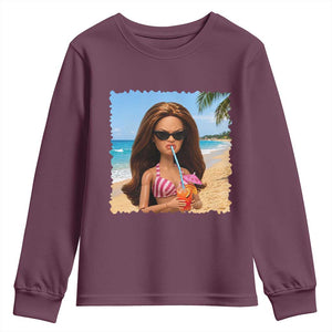 Funny Summer Doll Face Meme Youth Sweatshirt Tropical Beach Party Graphic TS12 Maroon Print Your Wear