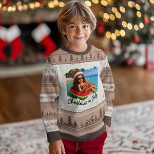 Christmas In July Tropical Doll Face Meme Ugly Christmas Sweater Summer Vacation Graphic TS12 Mocha Mousse Print Your Wear
