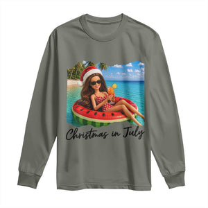 Christmas In July Tropical Doll Face Meme Long Sleeve Shirt Summer Vacation Graphic TS12 Military Green Print Your Wear