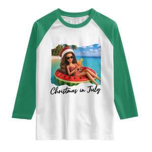 Christmas In July Tropical Doll Face Meme Raglan Shirt Summer Vacation Graphic TS12 White Kelly Green Print Your Wear