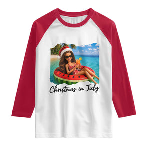 Christmas In July Tropical Doll Face Meme Raglan Shirt Summer Vacation Graphic TS12 White Red Print Your Wear