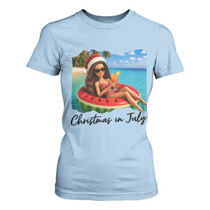 Christmas In July Tropical Doll Face Meme T Shirt For Women Summer Vacation Graphic TS12 Light Blue Print Your Wear