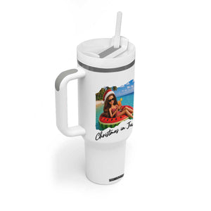 Christmas In July Tropical Doll Face Meme Tumbler With Handle Summer Vacation Graphic TS12 Print Your Wear