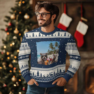 Christmas In July Raccoon And Santa Ugly Christmas Sweater Tropical Summer Vacation Graphic TS12 Navy Beige Print Your Wear