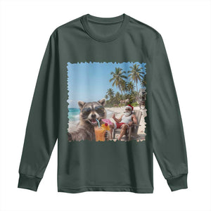 Christmas In July Raccoon And Santa Long Sleeve Shirt Tropical Summer Vacation Graphic TS12 Dark Forest Green Print Your Wear
