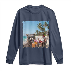 Christmas In July Raccoon And Santa Long Sleeve Shirt Tropical Summer Vacation Graphic TS12 Navy Print Your Wear