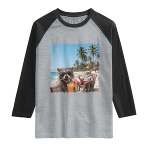 Christmas In July Raccoon And Santa Raglan Shirt Tropical Summer Vacation Graphic TS12 Heather Gray Black Print Your Wear