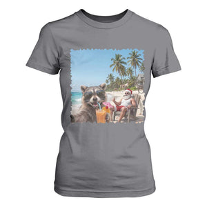 Christmas In July Raccoon And Santa T Shirt For Women Tropical Summer Vacation Graphic