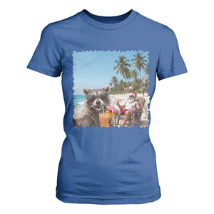 Christmas In July Raccoon And Santa T Shirt For Women Tropical Summer Vacation Graphic