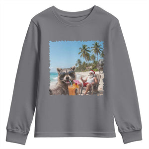 Christmas In July Raccoon And Santa Youth Sweatshirt Tropical Summer Vacation Graphic TS12 Charcoal Print Your Wear