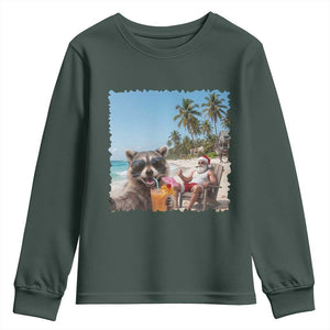 Christmas In July Raccoon And Santa Youth Sweatshirt Tropical Summer Vacation Graphic TS12 Dark Forest Green Print Your Wear