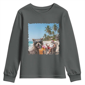 Christmas In July Raccoon And Santa Youth Sweatshirt Tropical Summer Vacation Graphic TS12 Dark Heather Print Your Wear