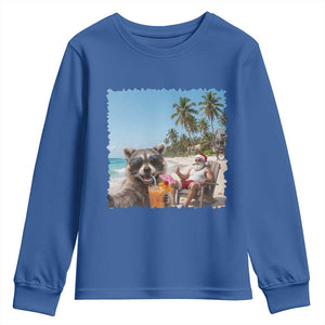 Christmas In July Raccoon And Santa Youth Sweatshirt Tropical Summer Vacation Graphic TS12 Royal Blue Print Your Wear