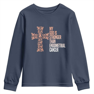 Religious Endometrial Cancer Awareness Youth Sweatshirt My God Is Stronger Than Cancer
