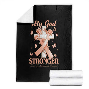 My God Is Stronger Than Endometrial Cancer Throw Blanket Christian Peach Ribbon