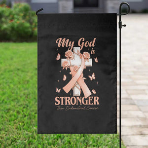 My God Is Stronger Than Endometrial Cancer Garden Flag Christian Peach Ribbon