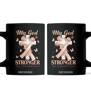 My God Is Stronger Than Endometrial Cancer Coffee Mug Christian Peach Ribbon