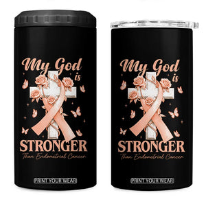 My God Is Stronger Than Endometrial Cancer 4 in 1 Can Cooler Tumbler Christian Peach Ribbon