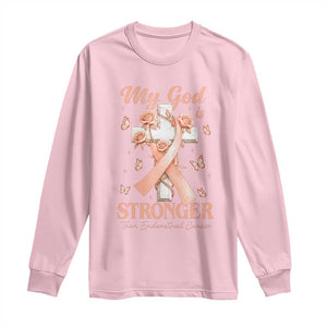 My God Is Stronger Than Endometrial Cancer Long Sleeve Shirt Christian Peach Ribbon