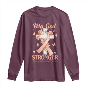 My God Is Stronger Than Endometrial Cancer Long Sleeve Shirt Christian Peach Ribbon