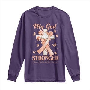 My God Is Stronger Than Endometrial Cancer Long Sleeve Shirt Christian Peach Ribbon