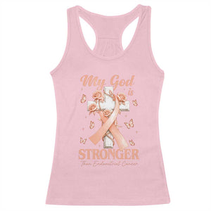 My God Is Stronger Than Endometrial Cancer Racerback Tank Top Christian Peach Ribbon