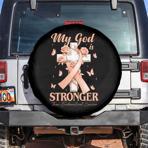 My God Is Stronger Than Endometrial Cancer Spare Tire Cover Christian Peach Ribbon