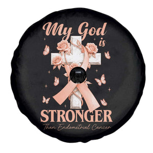 My God Is Stronger Than Endometrial Cancer Spare Tire Cover Christian Peach Ribbon