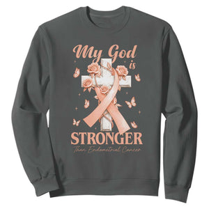 My God Is Stronger Than Endometrial Cancer Sweatshirt Christian Peach Ribbon