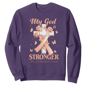 My God Is Stronger Than Endometrial Cancer Sweatshirt Christian Peach Ribbon