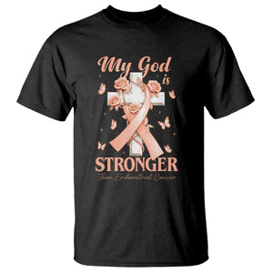 My God Is Stronger Than Endometrial Cancer T Shirt Christian Peach Ribbon