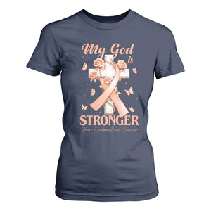 My God Is Stronger Than Endometrial Cancer T Shirt For Women Christian Peach Ribbon