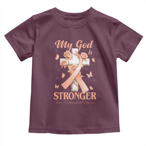 My God Is Stronger Than Endometrial Cancer Toddler T Shirt Christian Peach Ribbon