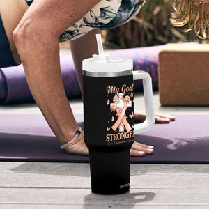 My God Is Stronger Than Endometrial Cancer Tumbler With Handle Christian Peach Ribbon