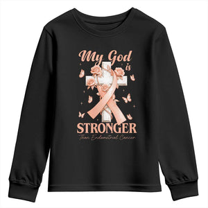 My God Is Stronger Than Endometrial Cancer Youth Sweatshirt Christian Peach Ribbon