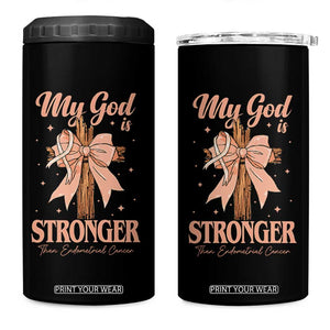 Endometrial Cancer Faith Peach Ribbon 4 in 1 Can Cooler Tumbler My God Is Stronger Than Endometrial Cancer