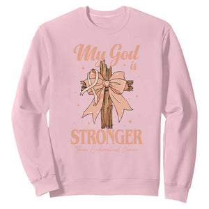 Endometrial Cancer Faith Peach Ribbon Sweatshirt My God Is Stronger Than Endometrial Cancer