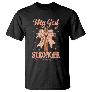 Endometrial Cancer Faith Peach Ribbon T Shirt My God Is Stronger Than Endometrial Cancer