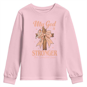 Endometrial Cancer Faith Peach Ribbon Youth Sweatshirt My God Is Stronger Than Endometrial Cancer