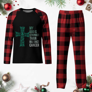 My God Is Stronger Than Bile Duct Cancer Plaid Pajama Set Faith Over Fear Support Gift
