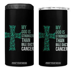 My God Is Stronger Than Bile Duct Cancer 4 in 1 Can Cooler Tumbler Faith Over Fear Support Gift