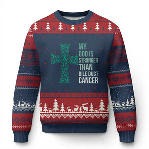 My God Is Stronger Than Bile Duct Cancer Ugly Christmas Sweater Faith Over Fear Support Gift