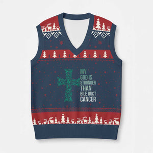 My God Is Stronger Than Bile Duct Cancer V-Neck Knit Sweater Vest Faith Over Fear Support Gift