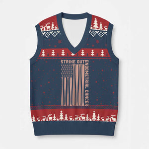 Strike Out Endometrial Cancer Baseball V-Neck Knit Sweater Vest Peach Ribbon American Flag Support Gift