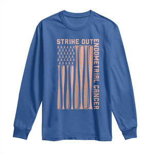 Strike Out Endometrial Cancer Baseball Long Sleeve Shirt Peach Ribbon American Flag Support Gift