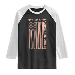 Strike Out Endometrial Cancer Baseball Raglan Shirt Peach Ribbon American Flag Support Gift