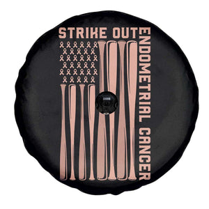 Strike Out Endometrial Cancer Baseball Spare Tire Cover Peach Ribbon American Flag Support Gift
